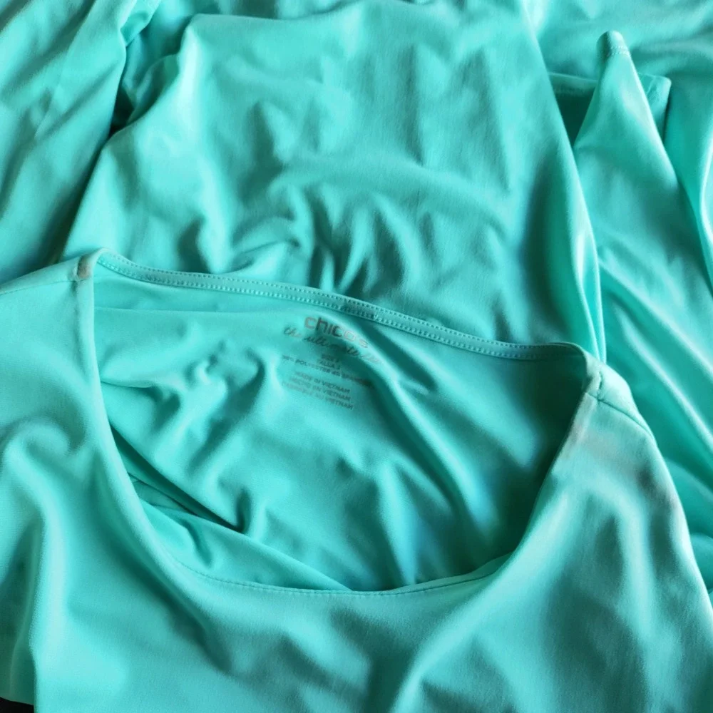 Chico's The Ultimate Tee Women Teal‎ 3 Liquid Knit Shark Hem Faux Wrap Lagun Y2K - Picture 8 of 12